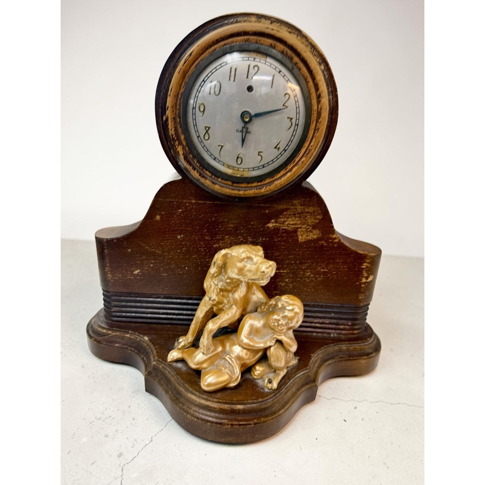 Vintage Electric Mantel Clock Wood Case Gold Child Dog Figurine Art Deco Decor